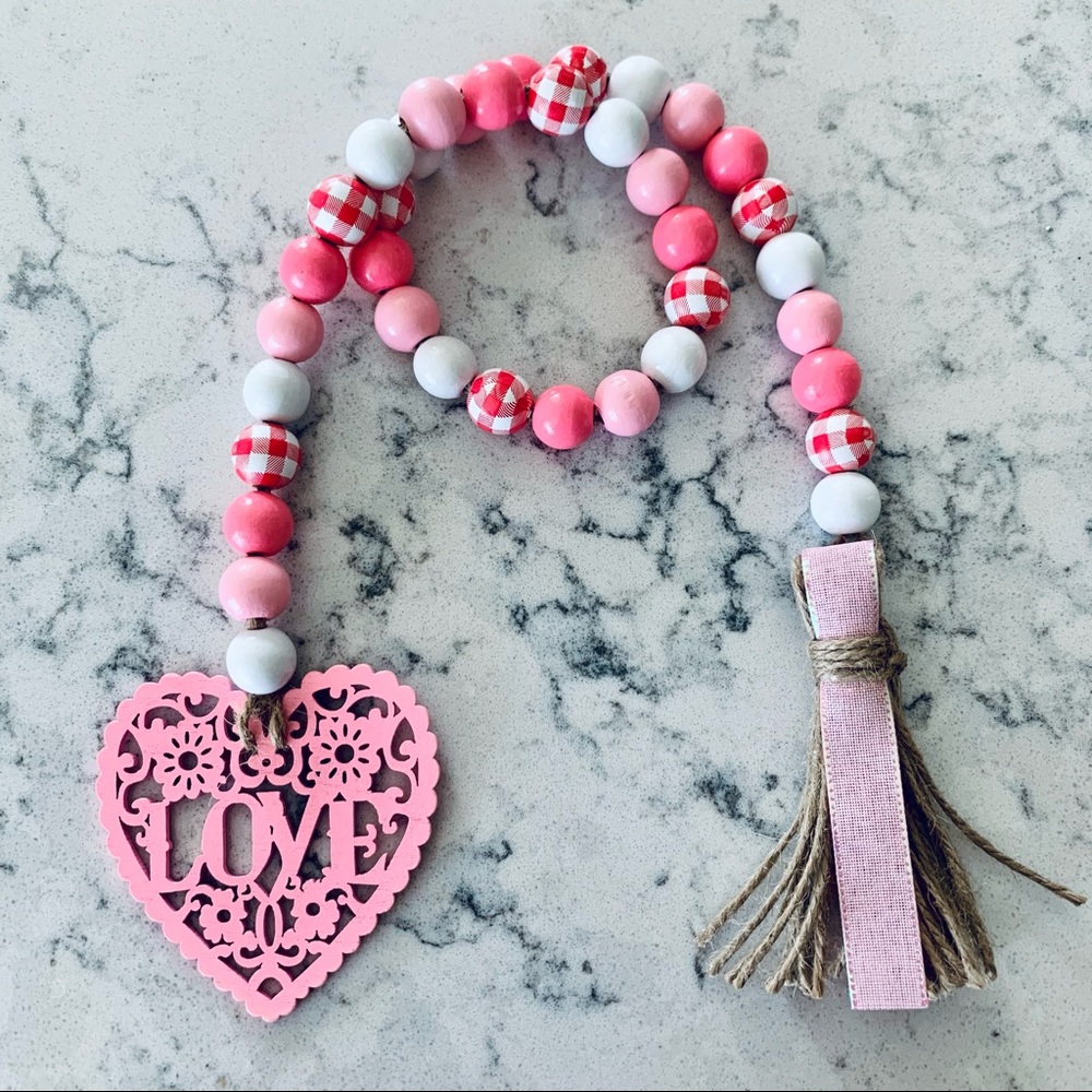 Valentines Day Pink Heart Love Wood Bead Garland Buffalo Plaid Tiered Tray